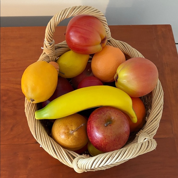 Decorative Wicker Fruit Basket w/ Realistic Faux Fruit | Farmhouse Kitchen Décor - Picture 2 of 5